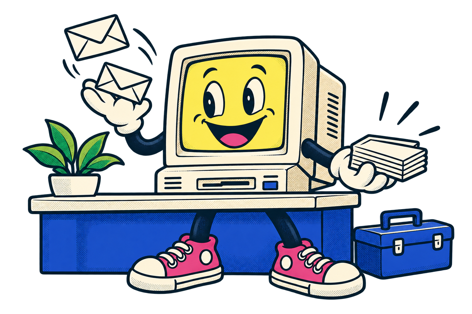 A cheerful retro computer assistant organizing customer messages into useful job requests
